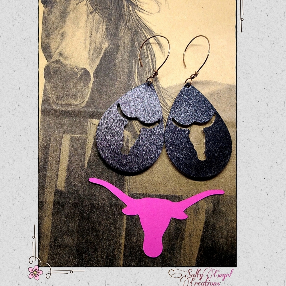 Cutout Leather Longhorn Skull Earrings